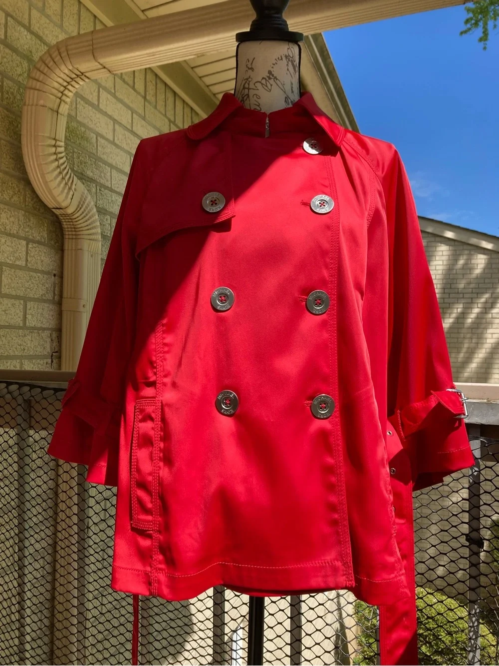 Michael Kors Red Belted Cropped Trench Coat Silver Hardware
